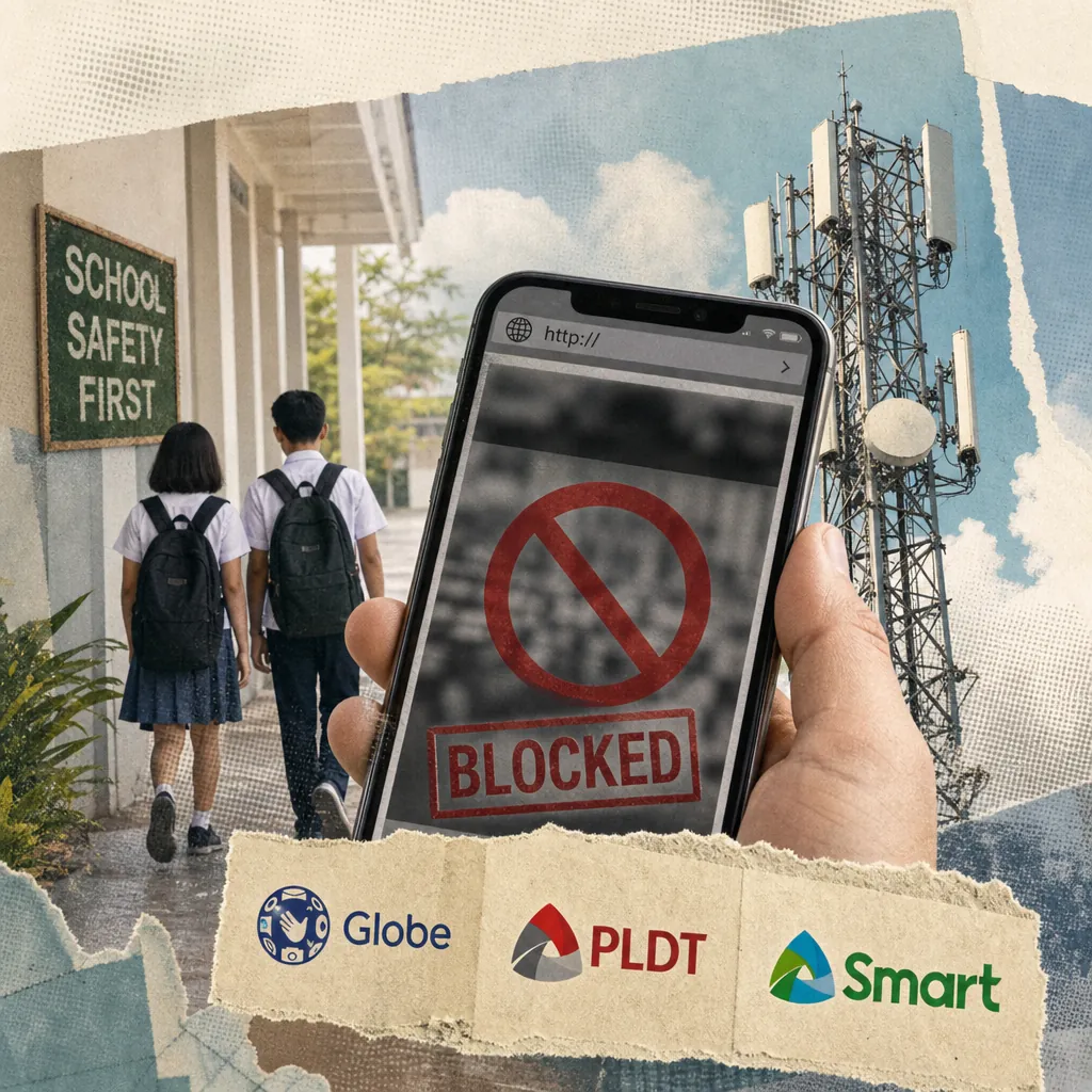 A hand holds a phone displaying a blocked website symbol, with two students walking toward a "School Safety First" sign and a telecom tower in the background, representing Globe, PLDT, and Smart blocking sites with school shooting and violent content.