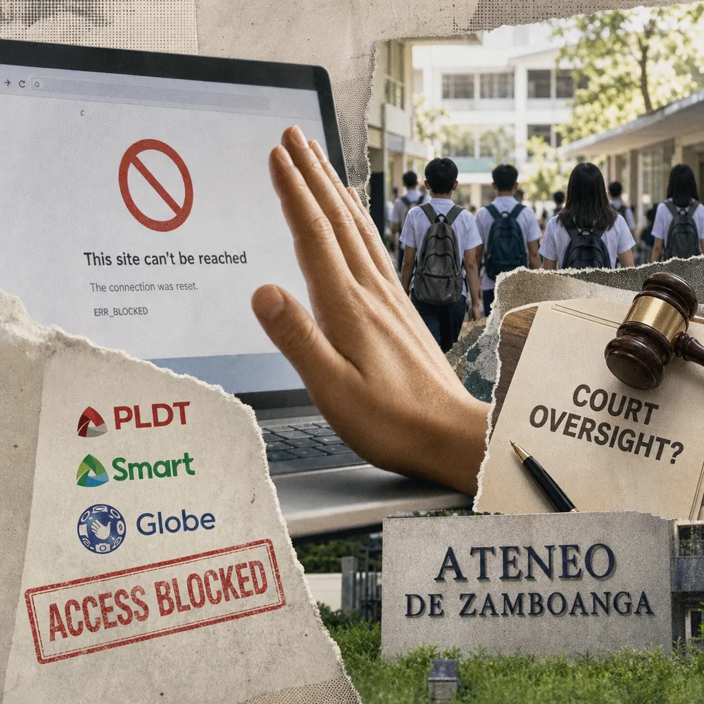 A collage showing a hand blocking a laptop screen with a "This site can't be reached" error, logos of PLDT, Smart, and Globe with an "Access Blocked" stamp, a group of students walking at a school, a gavel and paper labeled "Court Oversight?", and an Ateneo de Zamboanga sign, illustrating telcos block 100+ violent websites after Ateneo shooting.