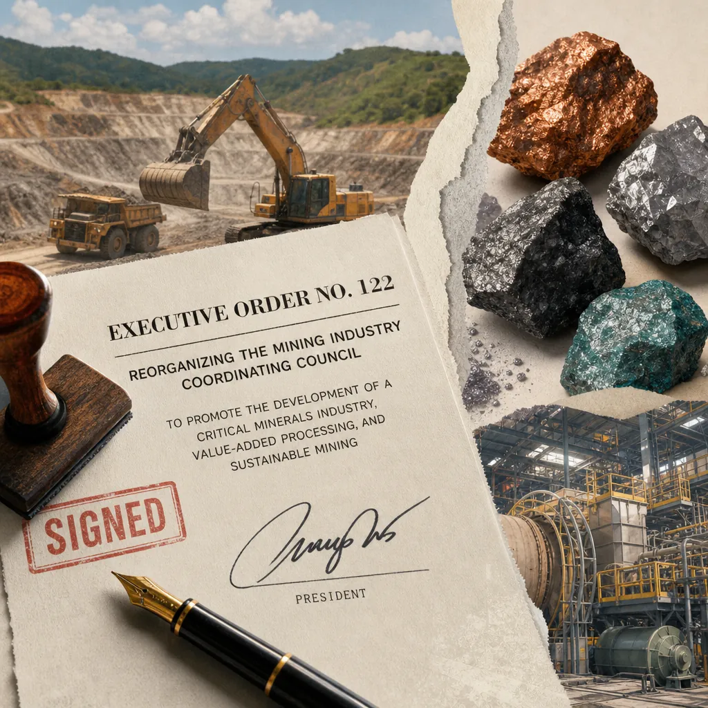A collage showing a mining site with heavy machinery, various mineral rocks, an industrial processing facility, and a signed executive order document, illustrating President Marcos' unified critical minerals policy to boost value-added processing, sustainable mining, and creative industries for economic growth.