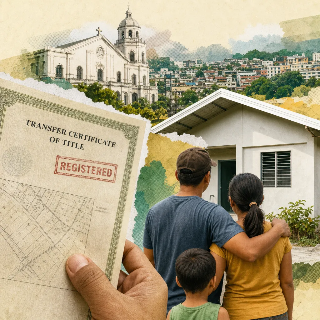 A family stands in front of their new house, with a hand holding a registered transfer certificate of title in the foreground, and a cityscape with a church in the background, representing over 1,400 Naga City residents gain land ownership via ECMP.