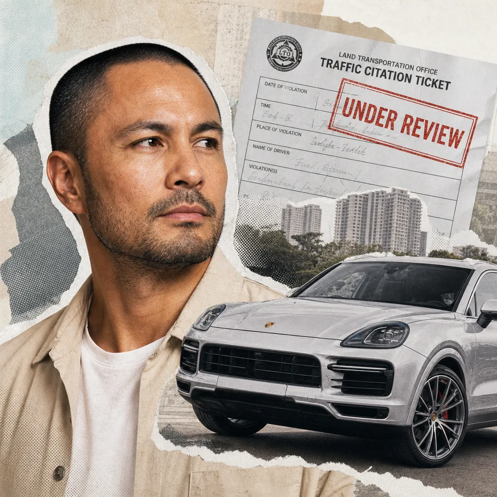 A man looks to the side in front of a collage featuring a traffic citation ticket marked "under review," a luxury car, and city buildings, illustrating the keyphrase: DOE mandates EV charging in large parking lots, Bulacan tragedy dominates public emotion, Derek Ramsay denies luxury car smuggling, road safety in focus.