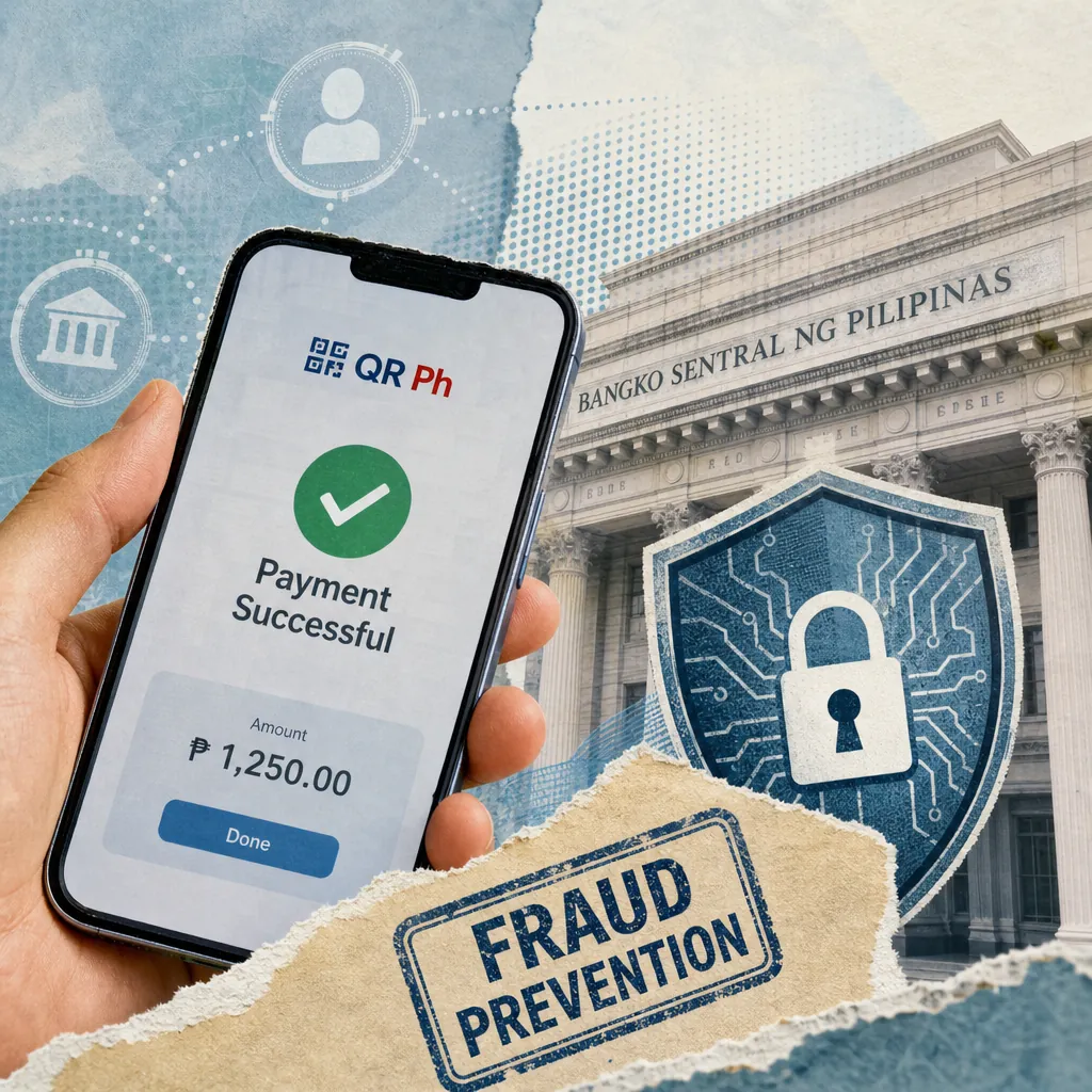 A hand holds a smartphone showing a successful QR Ph payment, with the Bangko Sentral ng Pilipinas building, a digital security shield, and a "Fraud Prevention" label in the background, illustrating BSP leads regional anti-scam task force.