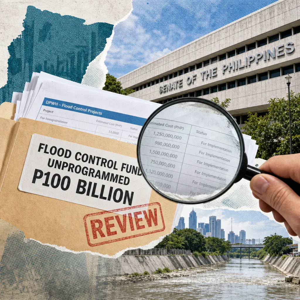 A collage showing a folder labeled "Flood Control Fund Unprogrammed P100 Billion" with documents about DPWH flood control projects, a magnifying glass highlighting project costs, the Senate of the Philippines building, and a city canal, illustrating the Senate to scrutinize P100B flood control funds.