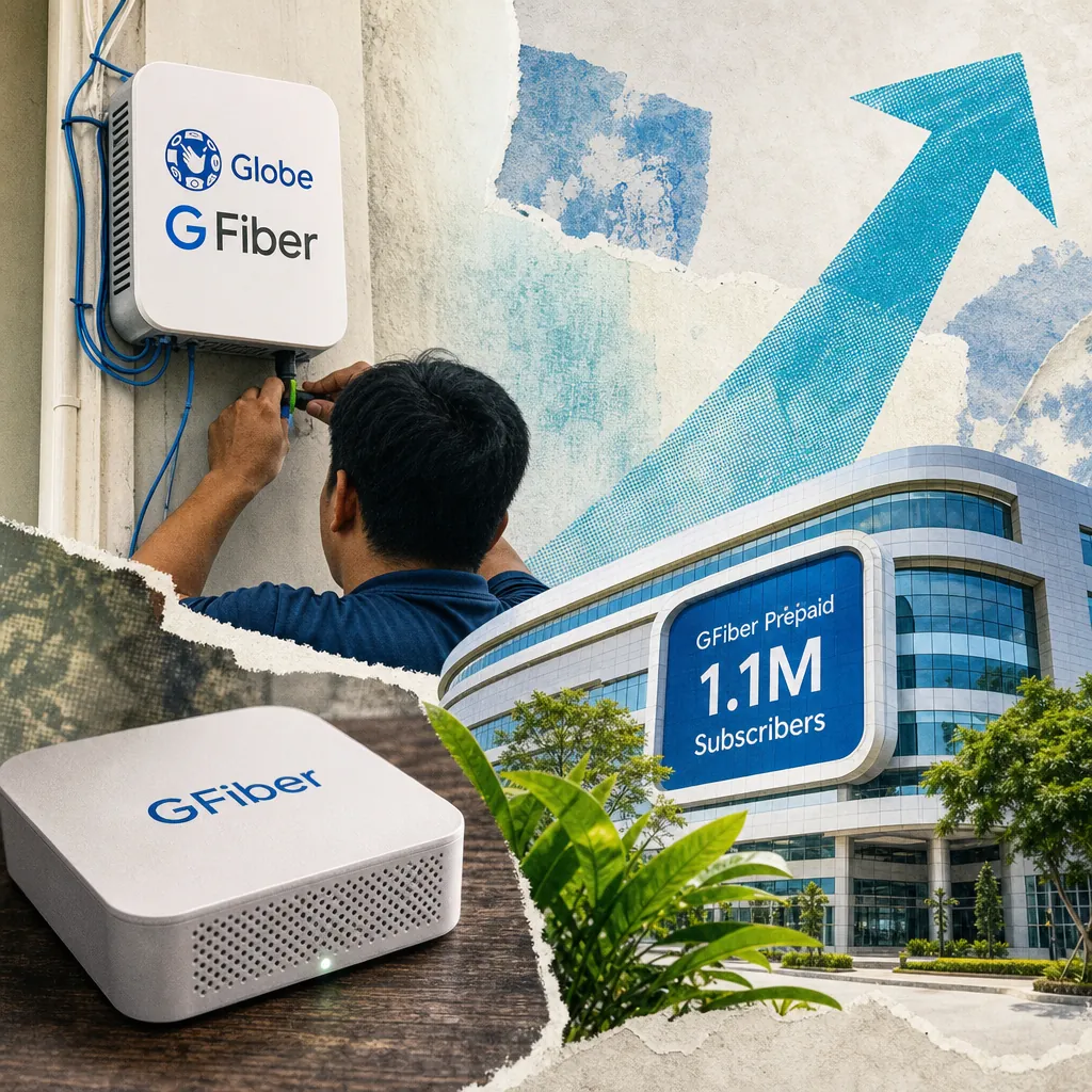 A collage showing a technician installing a Globe G Fiber broadband box, a close-up of a G Fiber device, and a modern building with a sign reading "GFiber Prepaid 1.1M Subscribers," with a large upward arrow in the background, illustrating Globe fiber broadband leads with 32% subscriber growth.