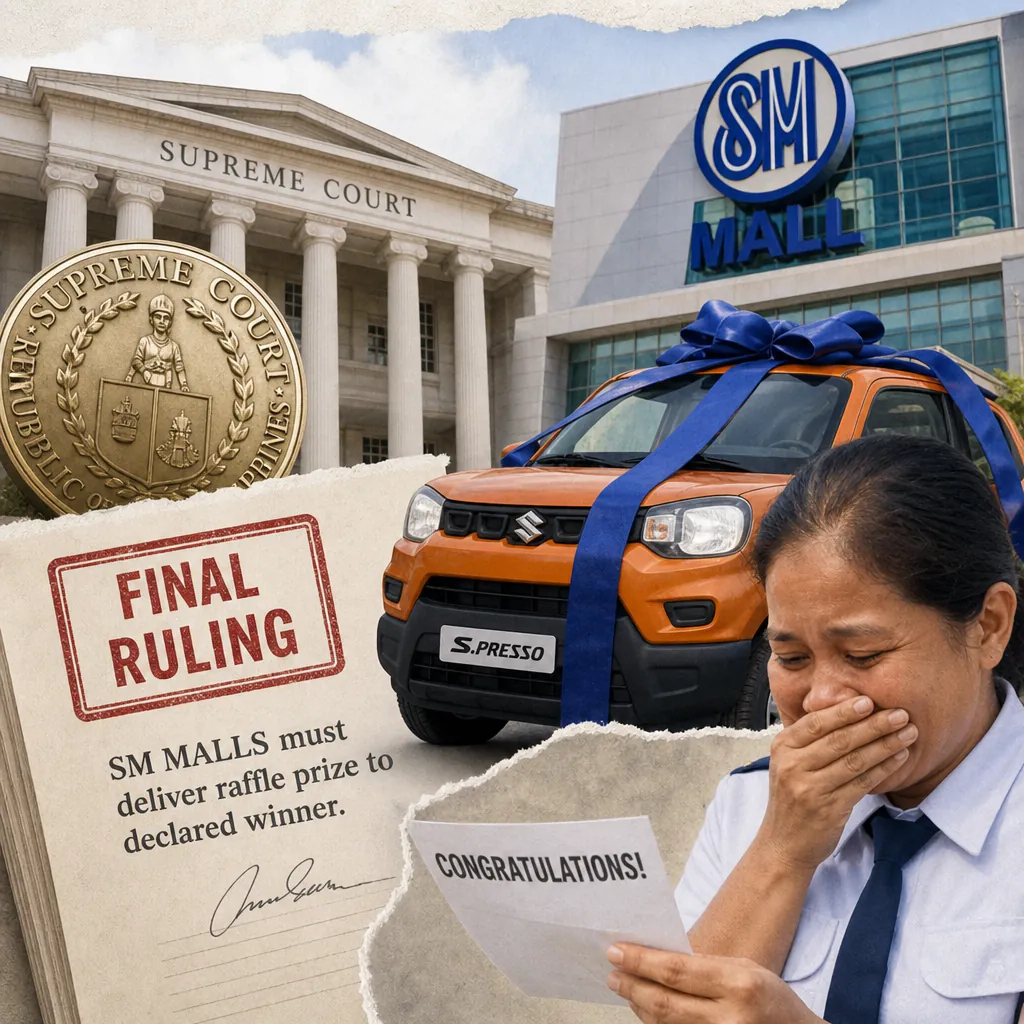 A collage showing the Supreme Court building, an SM Mall, a gold Supreme Court seal, an orange car with a blue ribbon, a document stating "Final Ruling: SM Malls must deliver raffle prize to declared winner," and a woman in uniform reacting emotionally to a "Congratulations!" letter, illustrating the Supreme Court orders SM Mall to award raffle prize, setting precedent for promo fairness.