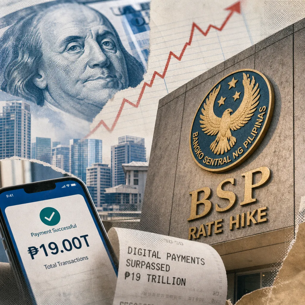 A collage showing the Bangko Sentral ng Pilipinas (BSP) building with a "rate hike" sign, a rising red graph, a US dollar bill, a city skyline, a phone displaying a successful digital payment of ₱19 trillion, and a receipt reading "digital payments surpassed ₱19 trillion," illustrating BSP is expected to raise rates to curb inflation and support the peso as digital payments surge.