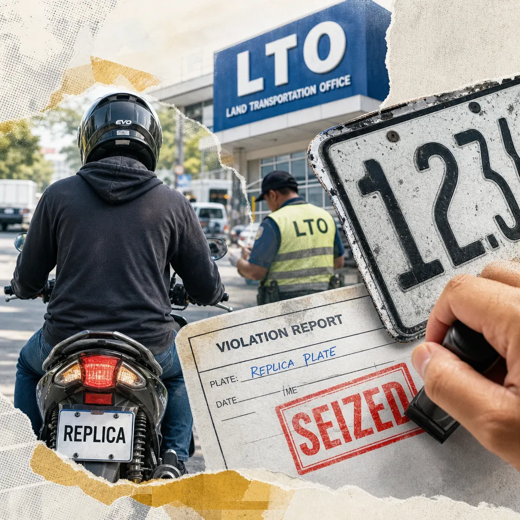 A collage showing a motorcycle with a "REPLICA" plate stopped by an LTO officer outside the Land Transportation Office, a close-up of a license plate, and a violation report stamped "SEIZED," illustrating replica plate crackdown.