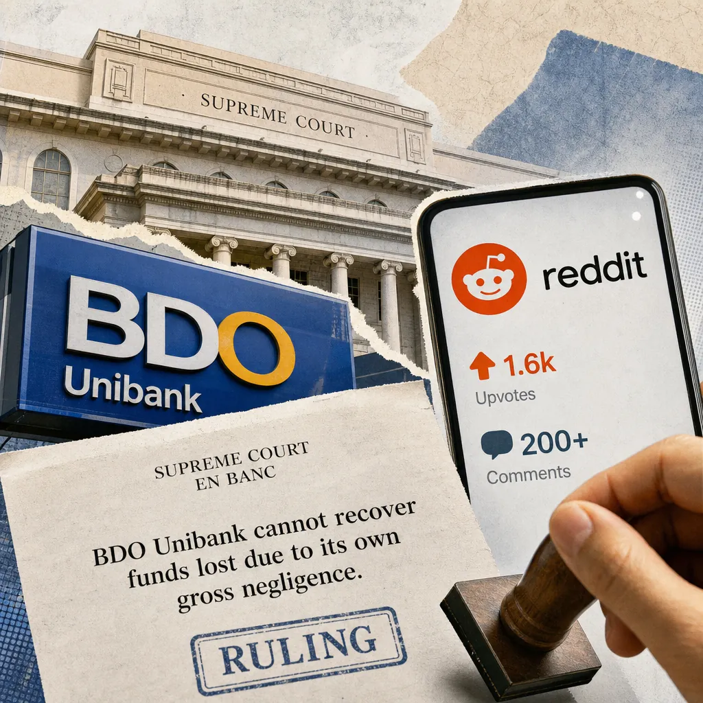 A collage showing the Supreme Court building, a BDO Unibank sign, a phone displaying a Reddit post with upvotes and comments, and a hand stamping a document that reads "BDO Unibank cannot recover funds lost due to its own gross negligence," illustrating the Supreme Court bars BDO from recovering funds lost due to its own gross negligence.