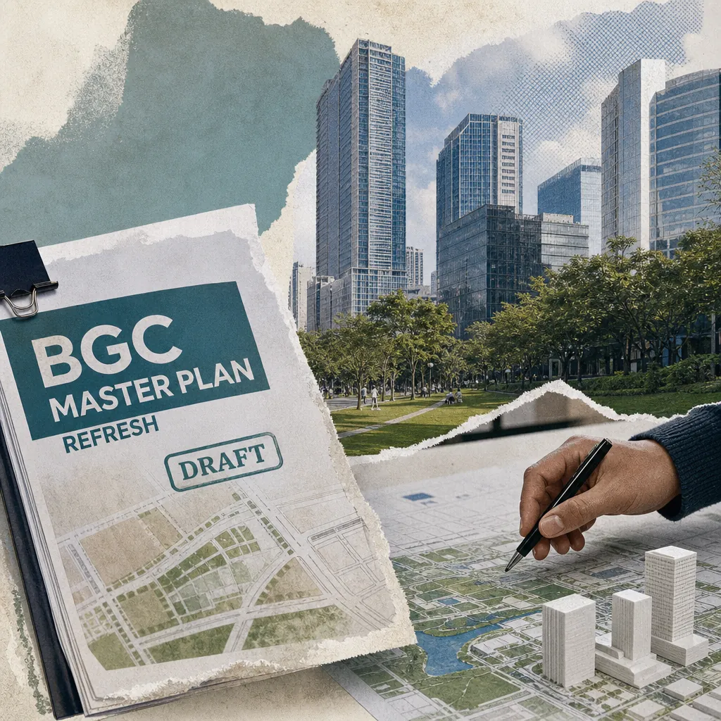 A collage showing a draft of the BGC master plan refresh on a clipboard, a hand drawing on an urban planning map with building models, and a background of tall office buildings and open green spaces, highlighting the focus on mobility and open spaces.