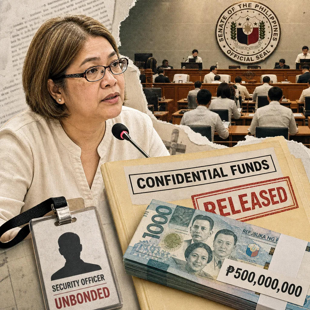 A woman speaks into a microphone at a Senate hearing, with a folder labeled "Confidential Funds Released," a stack of Philippine peso bills marked "₱500,000,000," and an ID badge reading "Security Officer Unbonded," illustrating Acosta admitted releasing P500M to an unbonded officer.