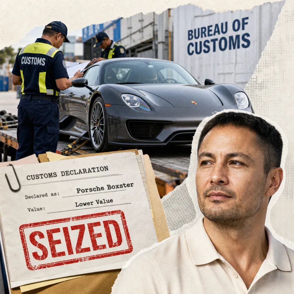 Customs officers inspect a gray Porsche 918 Spyder on a flatbed truck in front of a Bureau of Customs container, with a customs declaration marked "SEIZED" and a man looking away in the foreground, illustrating customs to seize and auction Derek Ramsay’s misdeclared Porsche 918 Spyder.