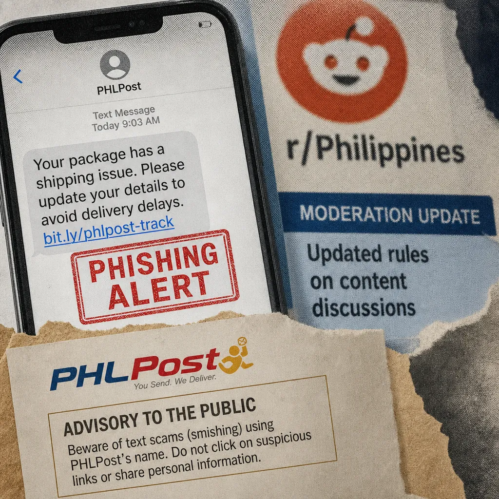 A collage showing a phone screen with a fake PHLPost text message about a shipping issue and a phishing alert, a PHLPost advisory warning the public about smishing scams, and a Reddit r/Philippines moderation update, illustrating PHLPost warns of smishing scams amid low public engagement.