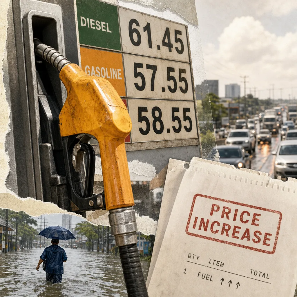 A collage showing a fuel pump nozzle in front of high fuel prices, a flooded street with a person holding an umbrella, heavy traffic, and a receipt labeled "PRICE INCREASE," illustrating how fuel prices and monsoon floods strain Filipinos.