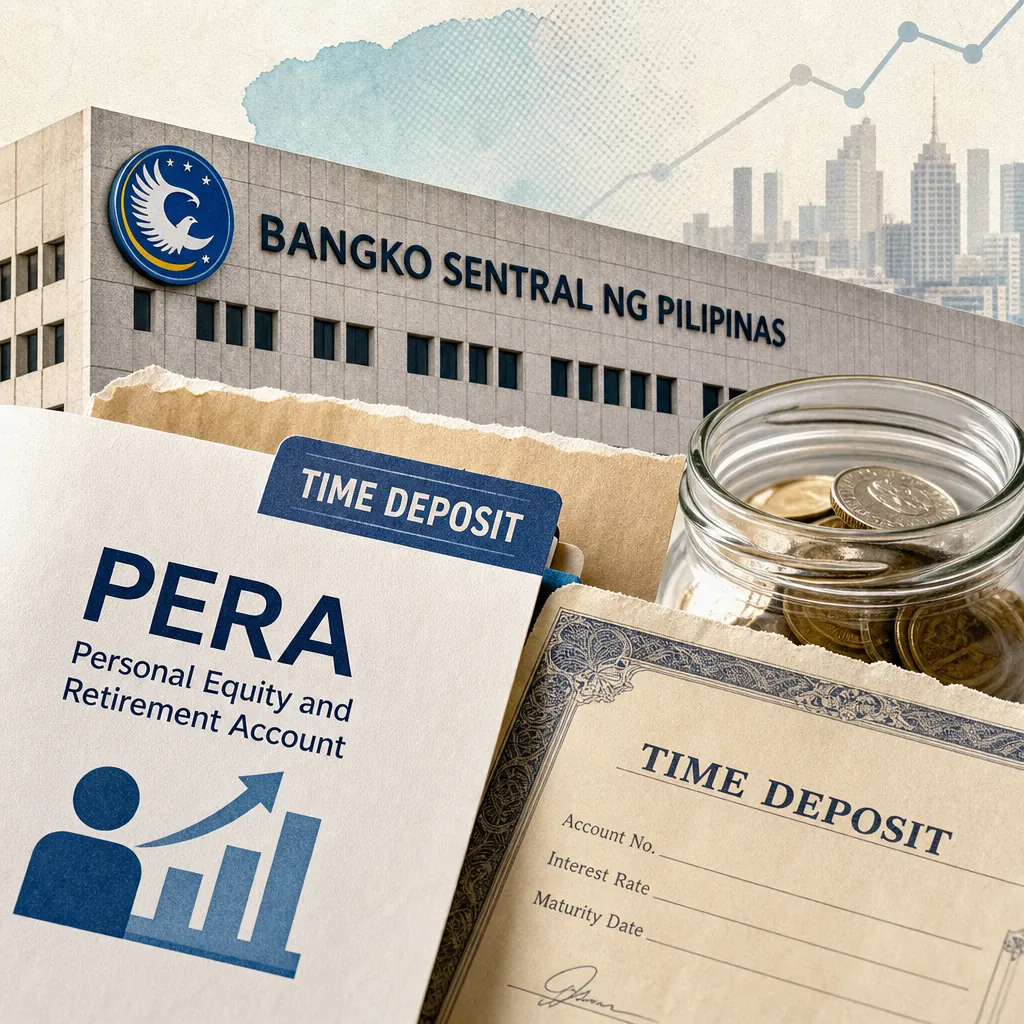 Documents labeled PERA and time deposit, a jar of coins, and a Bangko Sentral ng Pilipinas building, illustrating BSP expands PERA to include time deposits.