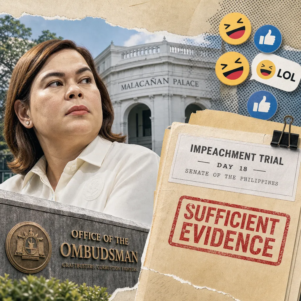 VP Sara Duterte looks serious in front of the Malacañan Palace and the Office of the Ombudsman, with folders labeled "Impeachment Trial" and "Sufficient Evidence," and social media reaction emojis, illustrating the impeachment trial with testimony on confidential fund irregularities, public mockery of Palace claims, and expanded anti-corruption efforts.