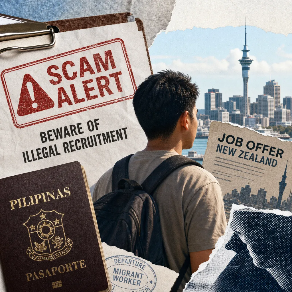 A Filipino worker with a backpack looks at a city skyline, surrounded by images of a Philippine passport, a job offer for New Zealand, a migrant worker departure stamp, and a warning sign that says "Scam Alert: Beware of Illegal Recruitment," illustrating the government crackdown on job scams and cyberattacks affecting Filipino workers.