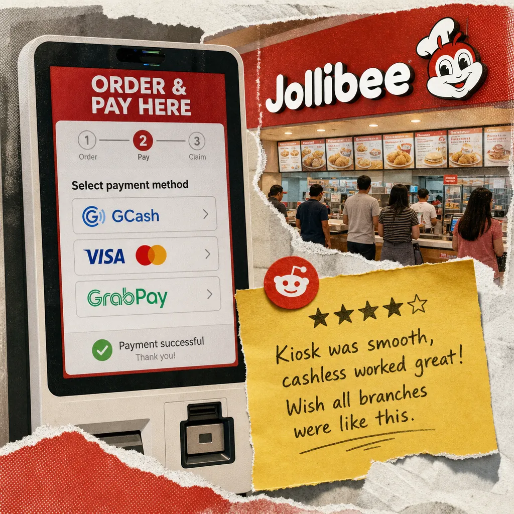 A collage showing a Jollibee self-service kiosk screen with cashless payment options like GCash, Visa, Mastercard, and GrabPay, a busy Jollibee counter with customers, and a Reddit review praising smooth cashless payment, illustrating inconsistent cashless payment at Jollibee kiosks.