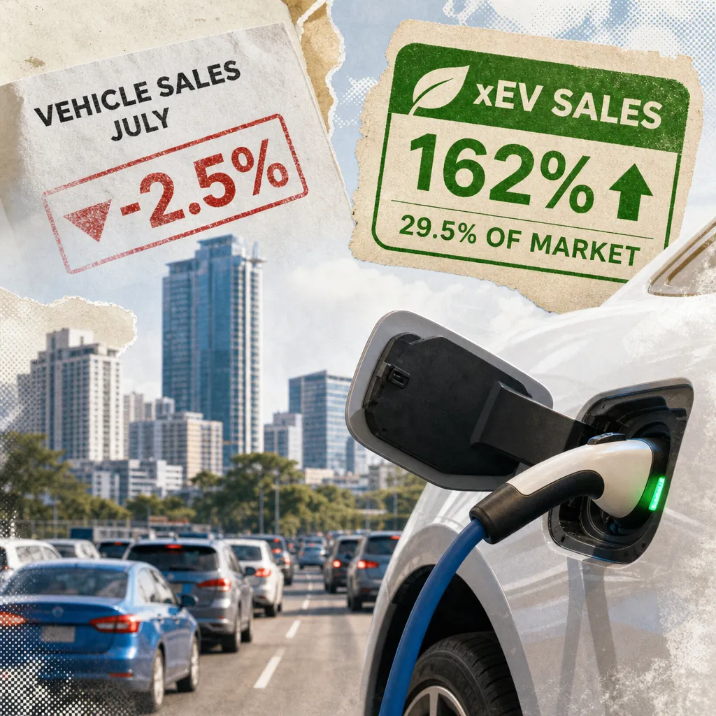 A white electric vehicle is charging in the foreground with a city skyline and heavy traffic in the background. Overlay graphics show "Vehicle Sales July -2.5%" in red and "xEV Sales 162% 29.5% of Market" in green, illustrating Philippine July auto sales rebounded on electrified vehicle growth.