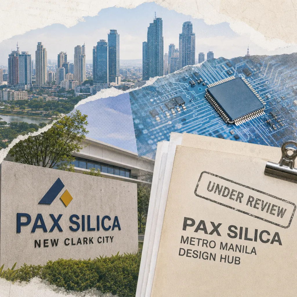 A collage showing the Metro Manila skyline, a close-up of a computer chip on a circuit board, the Pax Silica New Clark City sign, and a clipboard with documents labeled "UNDER REVIEW" and "Pax Silica Metro Manila Design Hub," illustrating Pax Silica expands with a Metro Manila chip design hub, faces lawmaker scrutiny.