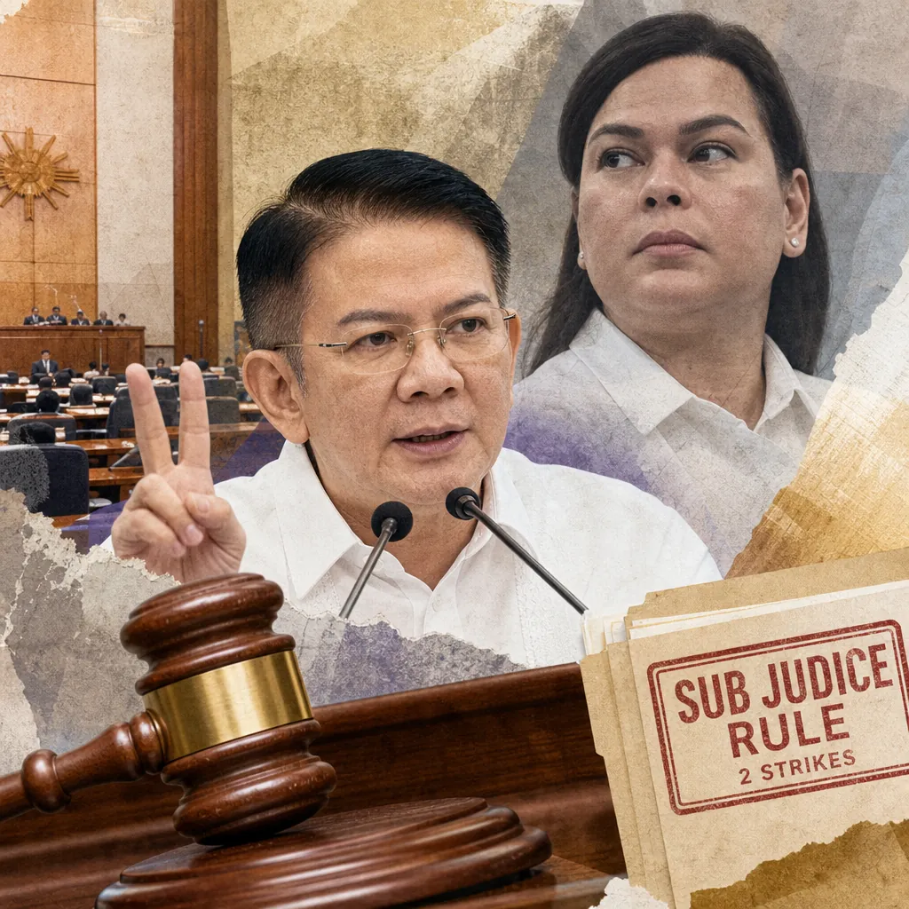 A collage showing a man speaking at a podium with two microphones, making a peace sign, a woman looking to the side, a courtroom scene in the background, a judge’s gavel, and a folder labeled “Sub Judice Rule 2 Strikes,” illustrating the Sara Duterte impeachment trial and its debate on sub judice, witness credibility, historical analogies, flood control, school safety, and government accountability.