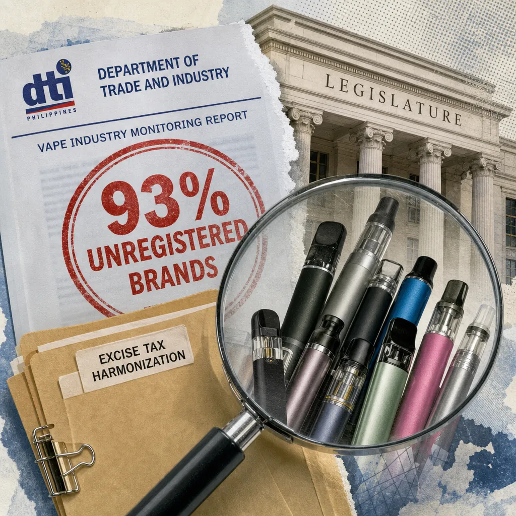 A collage showing a Department of Trade and Industry report labeled "93% unregistered brands," a folder marked "excise tax harmonization," a magnifying glass highlighting various vape pens, and a government building with the word "Legislature," illustrating that 93% of vape brands in the Philippines are unregistered.