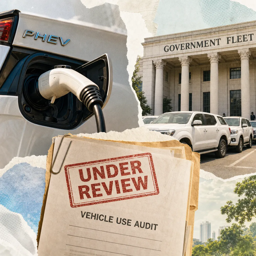 A collage showing a plug-in hybrid vehicle (PHEV) being charged, a government fleet building with parked SUVs, and a document labeled "UNDER REVIEW Vehicle Use Audit," illustrating plug-in hybrid and EV launches drive Philippine auto buzz.