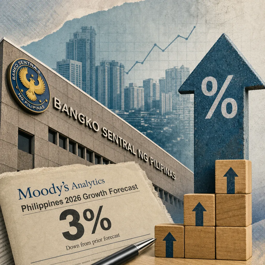 A collage showing the Bangko Sentral ng Pilipinas building, a Moody’s Analytics report cutting the Philippines 2026 growth forecast to 3%, a city skyline with a rising graph, and wooden blocks with arrows and a large upward arrow with a percent sign, illustrating BSP to hike rates as inflation stays high and growth slows.