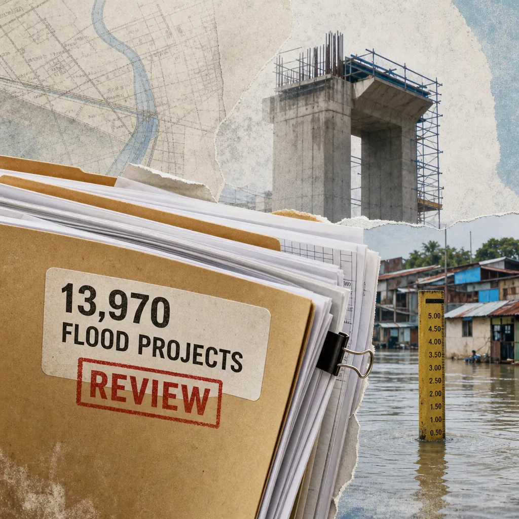 A collage showing a folder labeled "13,970 flood projects review," a flooded neighborhood with a water level gauge, a construction pillar with scaffolding, and a map, illustrating flood control failures, campus security scares, and tighter bank lending drive property risk.