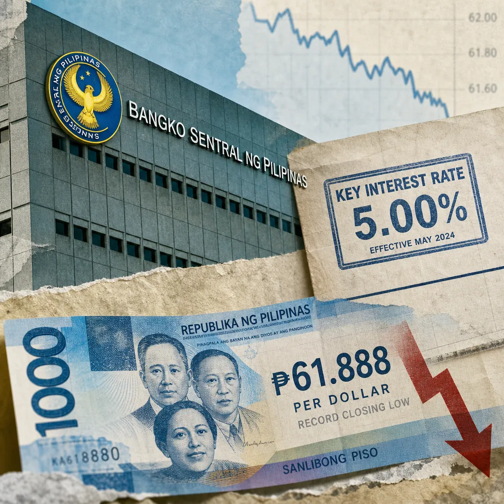 A collage shows the BSP building, a 5 percent key interest rate notice, a falling peso chart, and a 1000-peso bill as inflation risks shift to El Niño and wage hikes. (145 characters)