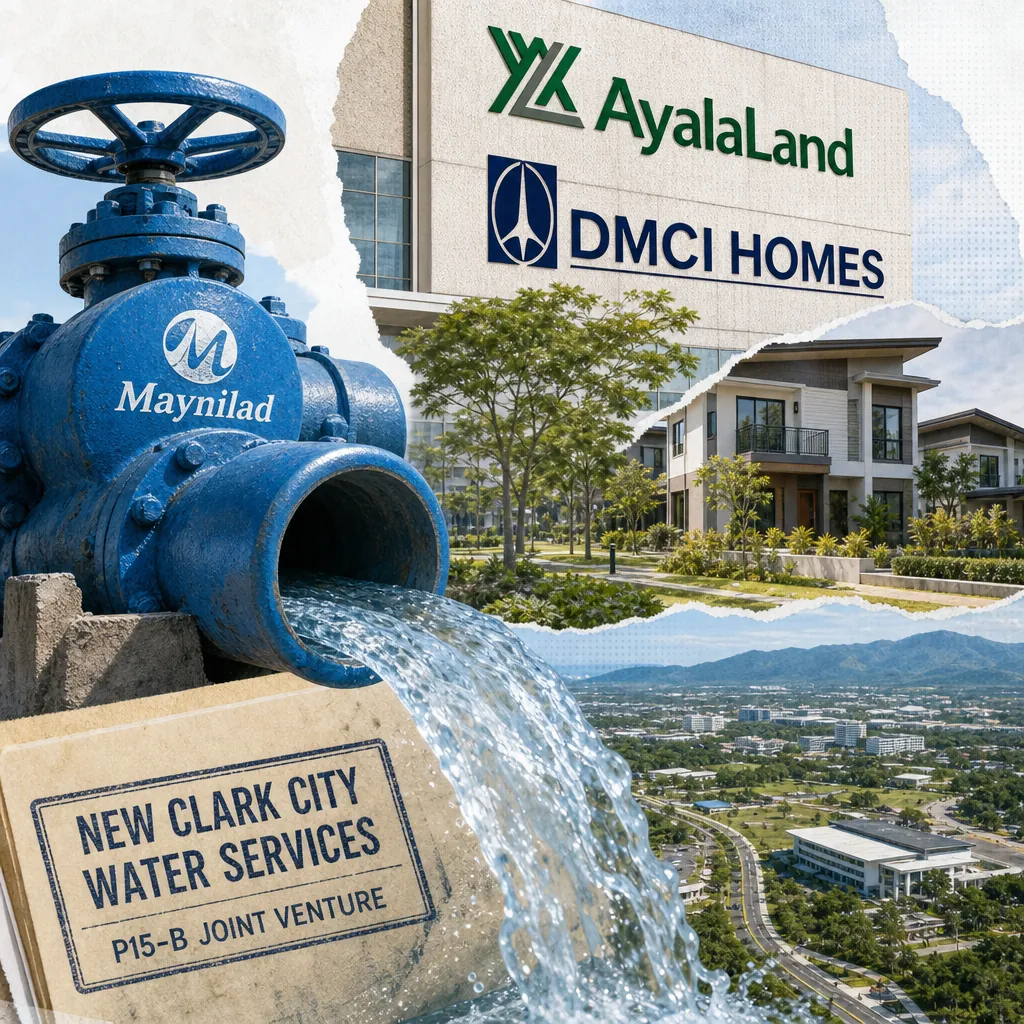 A large Maynilad water valve pours water, with Ayala Land and DMCI Homes buildings, showing coordinated efforts to address supply and affordability gaps. (143 characters)