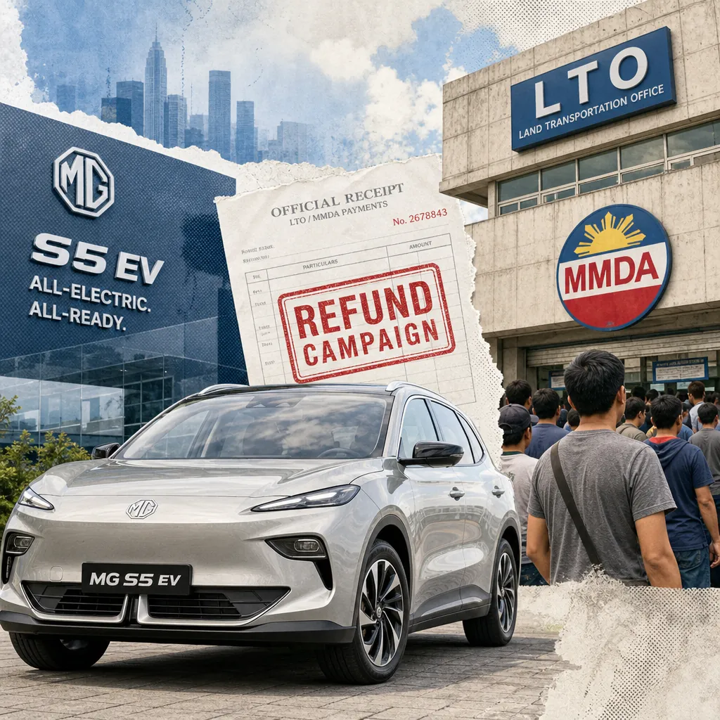 A silver MG S5 EV is parked outside, with LTO and MMDA buildings, a refund receipt, and people showing public frustration with LTO and MMDA policies. (145 characters)