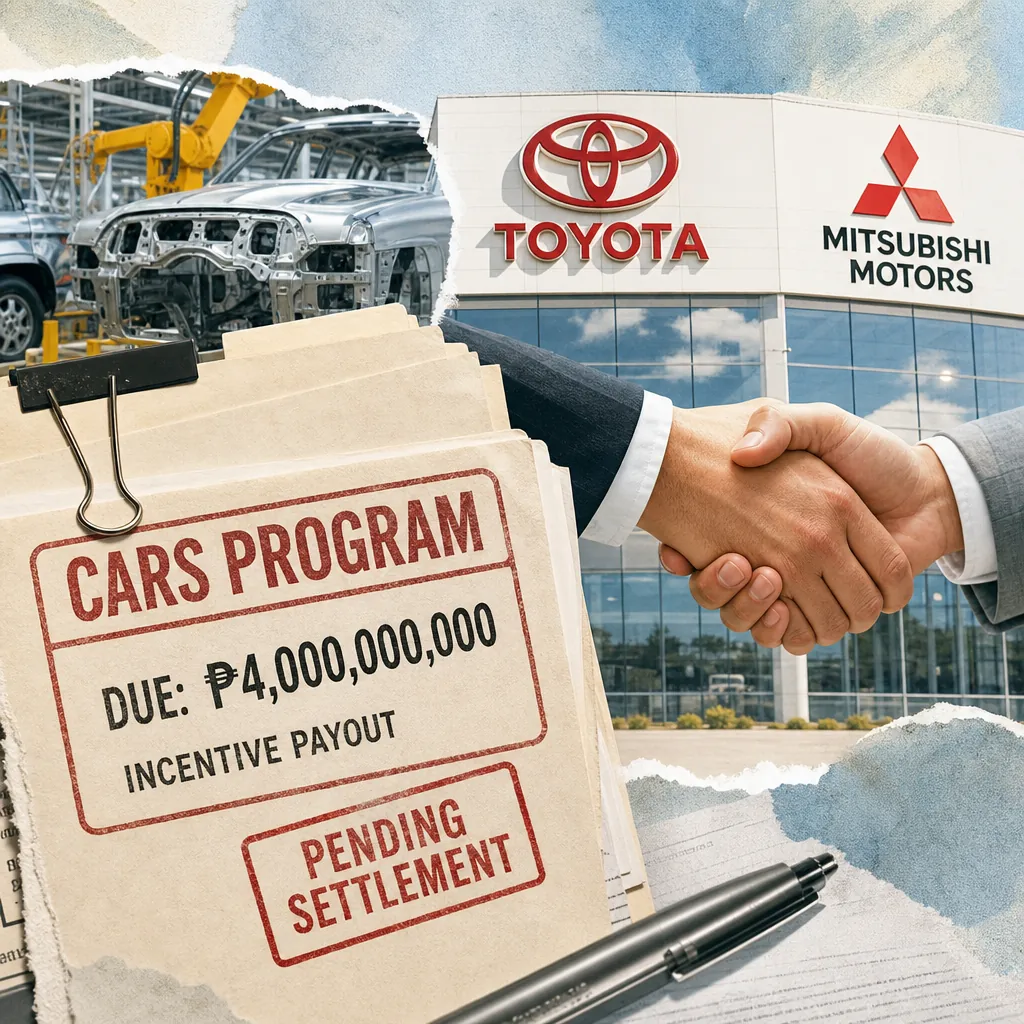 A handshake in front of Toyota and Mitsubishi buildings, car factory, and documents referencing DTI pledges to settle P4B in unpaid auto incentives. 143 characters