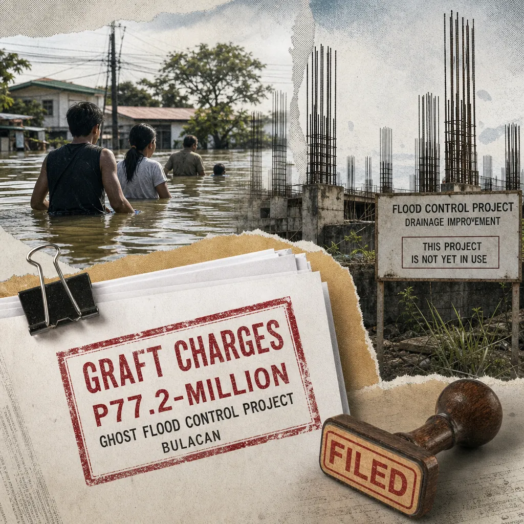 People wade through floodwaters near homes, with unfinished flood control project and documents highlighting government corruption in flood control. (143 characters)