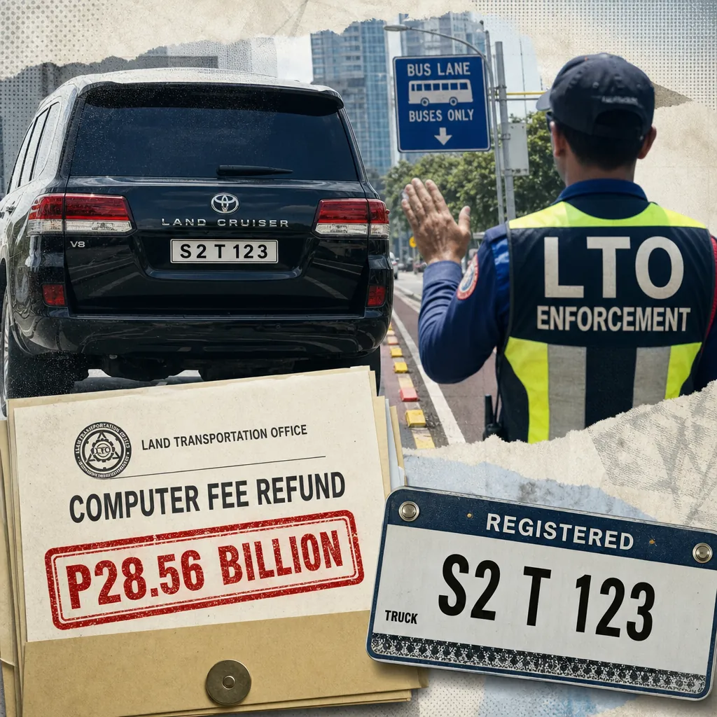 A collage shows an LTO enforcement officer, a Land Cruiser, a computer fee refund notice, and license plates, highlighting the August 28, 2026 Philippine automotive conversation. (144 characters)