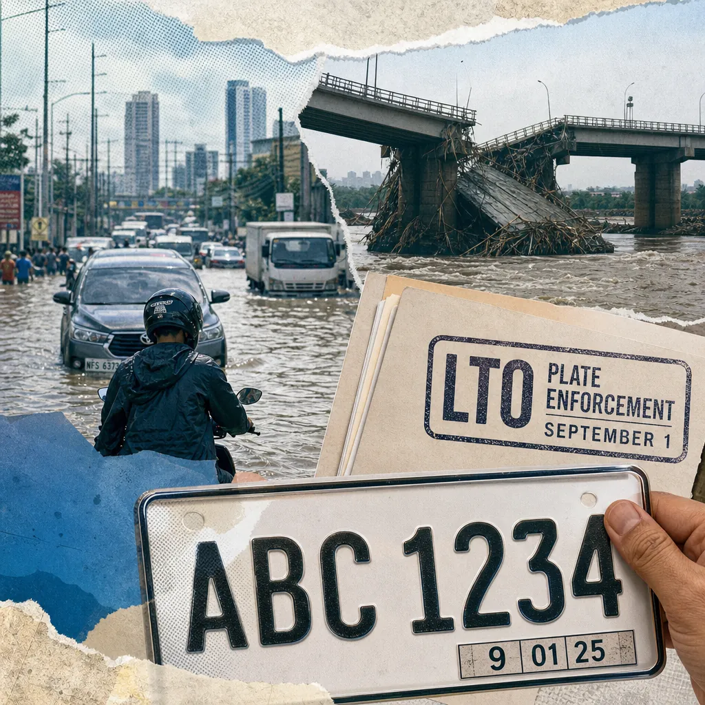 Severe Luzon flooding on August 29, 2026, shows submerged vehicles, a collapsed bridge, and LTO plate rules in the Philippines. (139 characters)