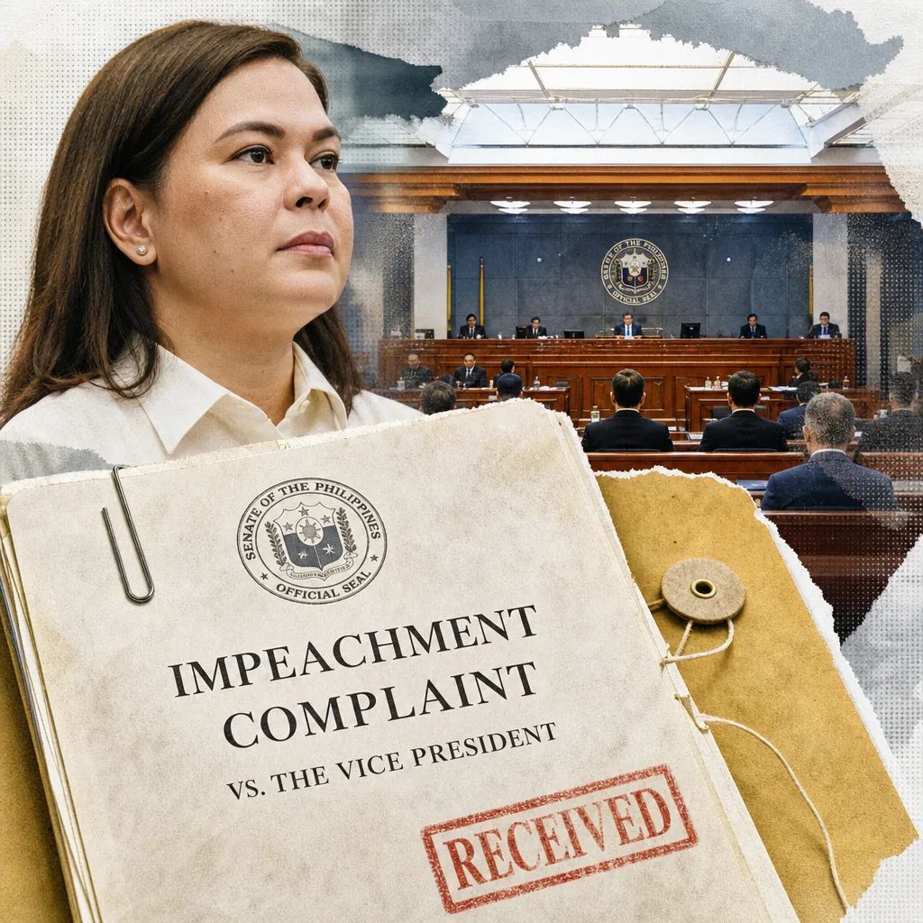 A woman stands in front of a senate hearing, with an impeachment complaint folder, as impeachment trial, corruption probes, and disaster response dominate. (143 characters)