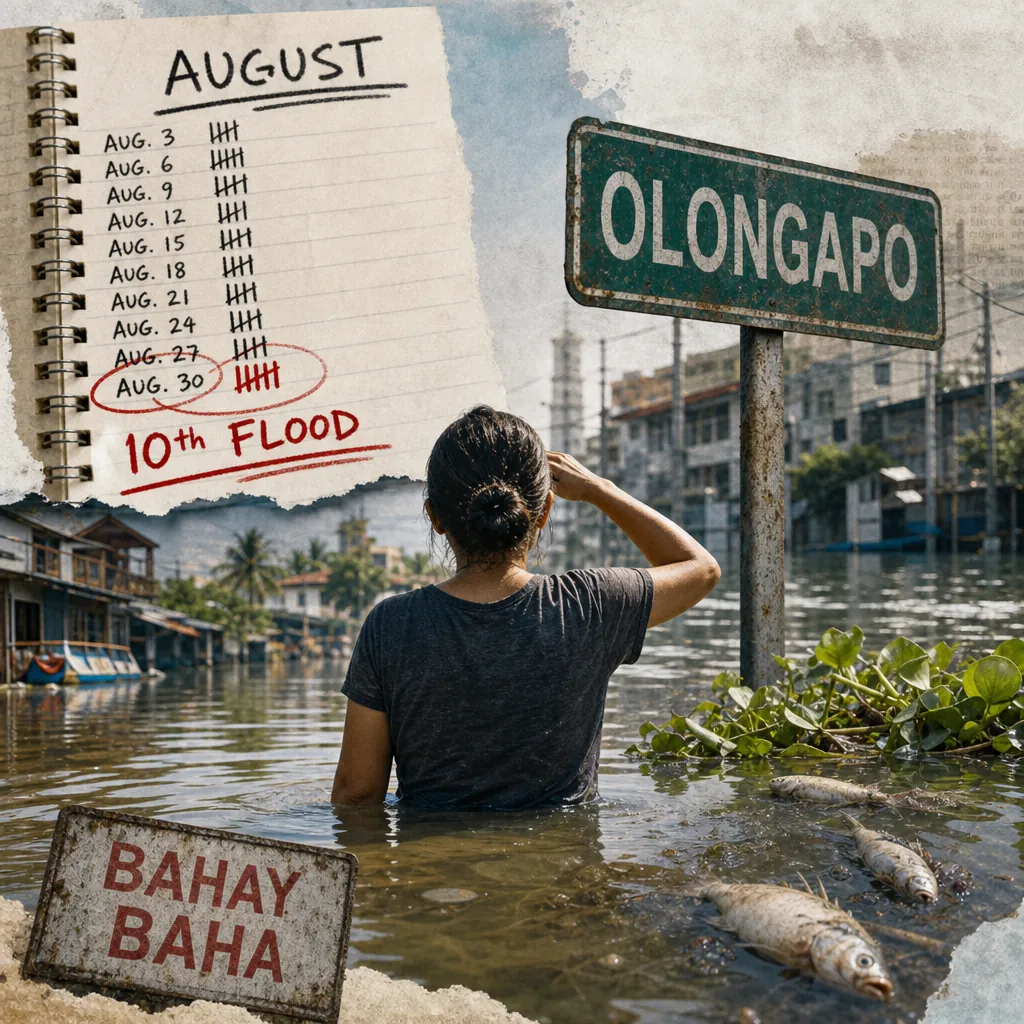 A woman stands waist-deep in floodwater in Olongapo, with a notebook marking the tenth flood in a month, highlighting systemic failures. (143 characters)