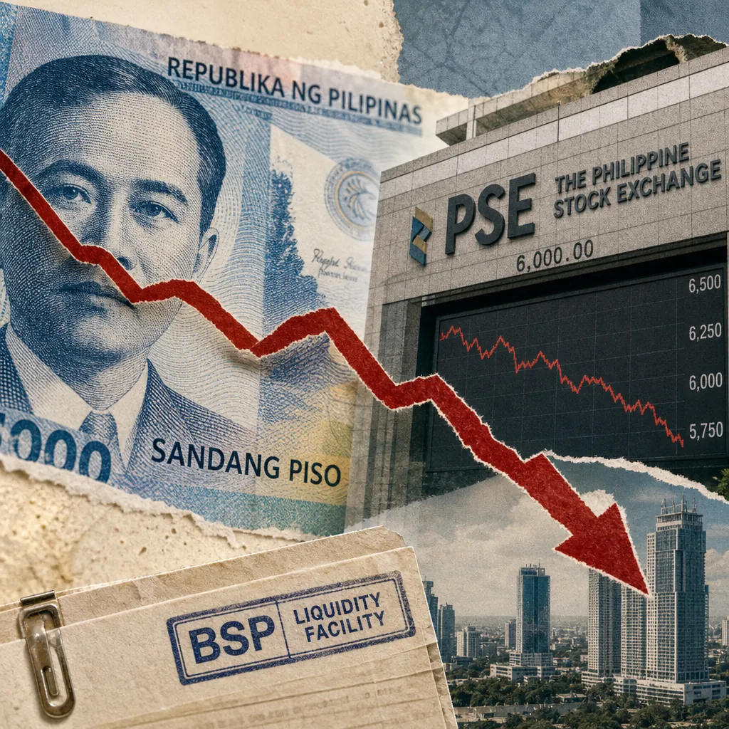 A collage shows a Philippine peso bill, a falling stock chart at the Philippine Stock Exchange, and BSP documents as the Philippine peso hit a record low. (143 characters)