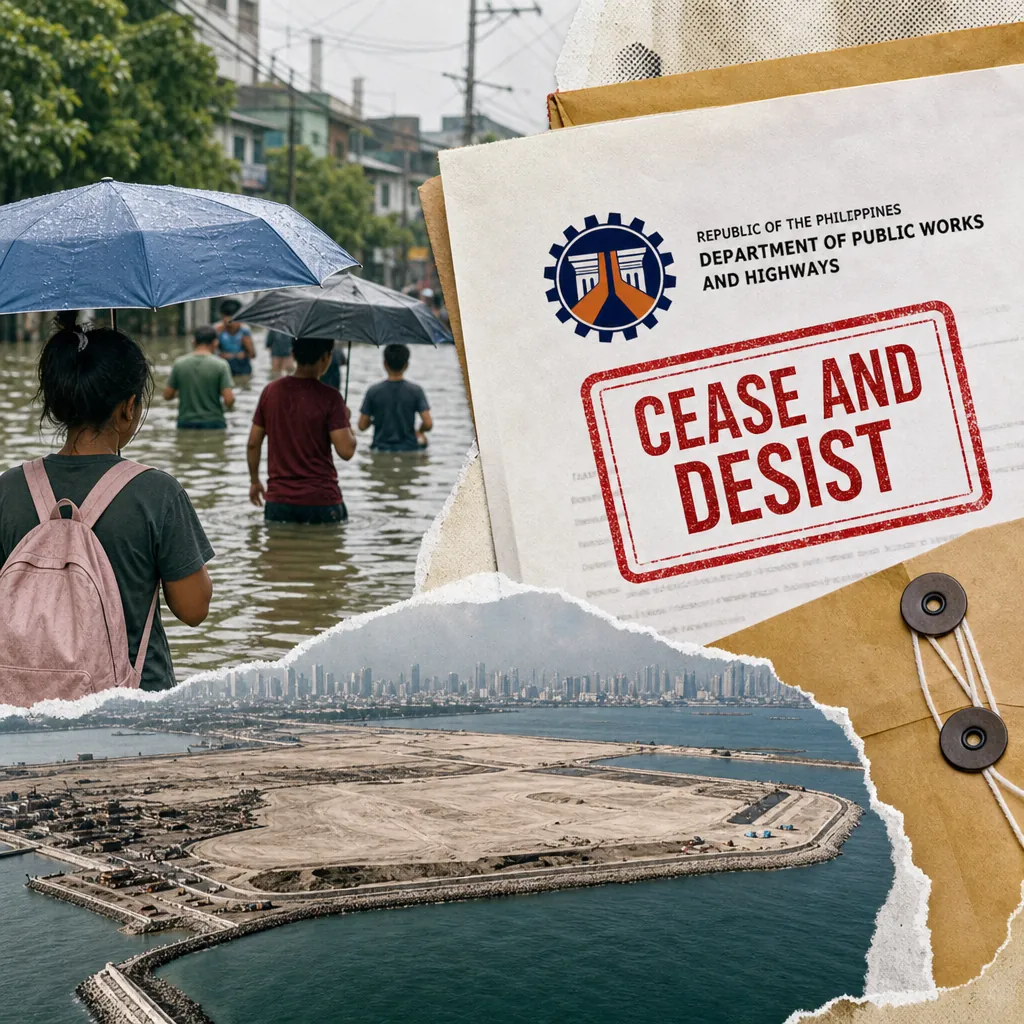 People walk through flooding in Luzon with umbrellas, a cease and desist order from DPWH, and a view of the Taguig reclamation site.