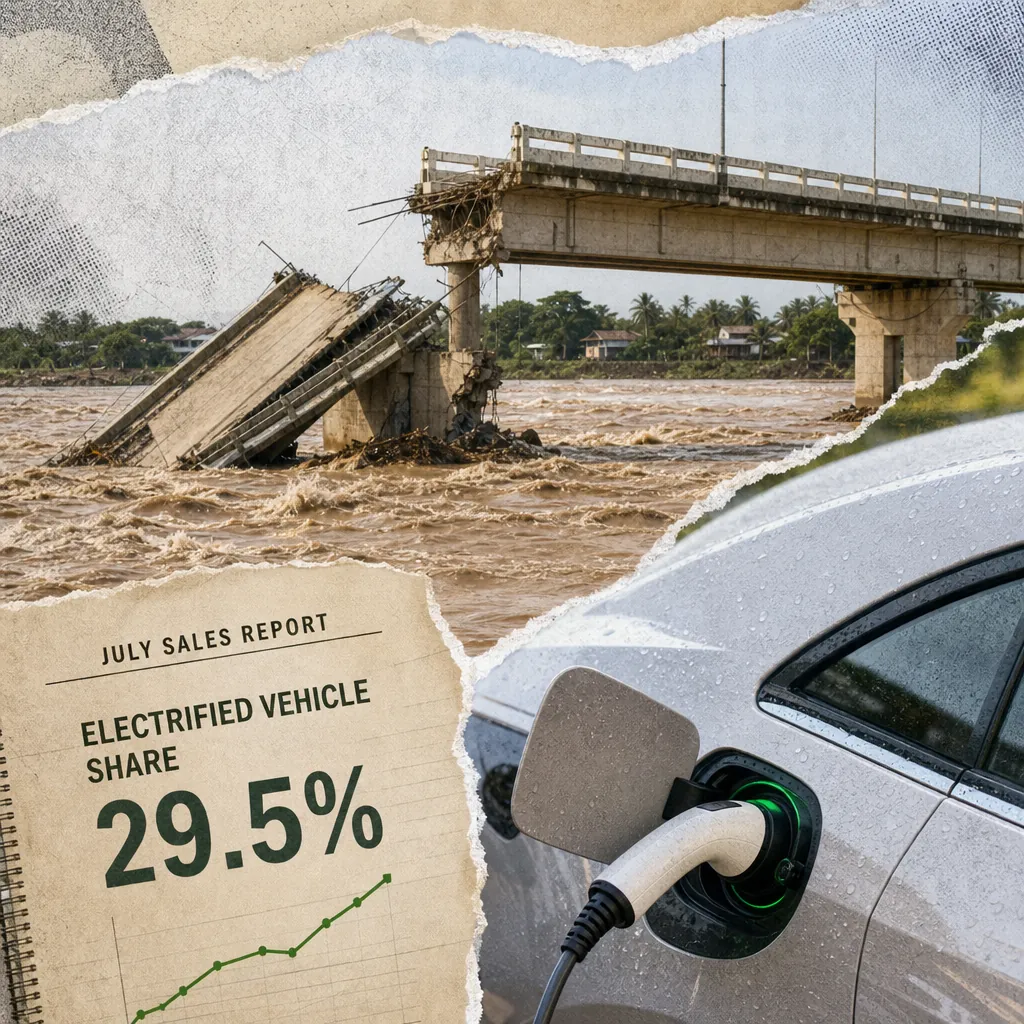 A collapsed Agana Bridge over a flooded river, an electrified vehicle charging, and a report showing rising electrified vehicle sales share. (143 characters)
