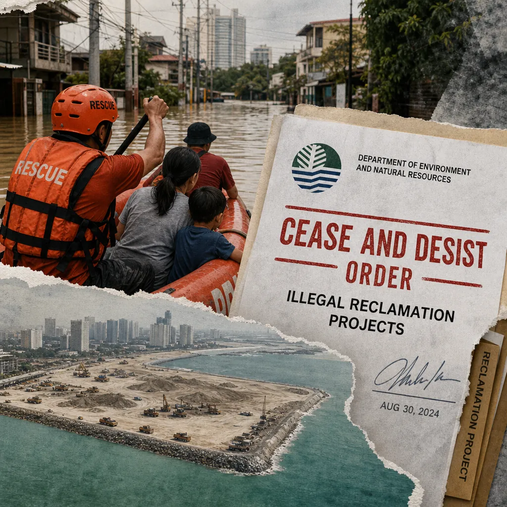 A rescue team evacuates flood victims in Luzon as a cease and desist order for illegal reclamation projects highlights political accountability. (143 characters)
