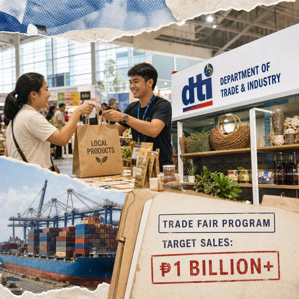 A woman buys local products at a DTI trade fair, with a cargo ship and sign showing DTI expands trade fairs and targets P1B in sales. (143 characters)