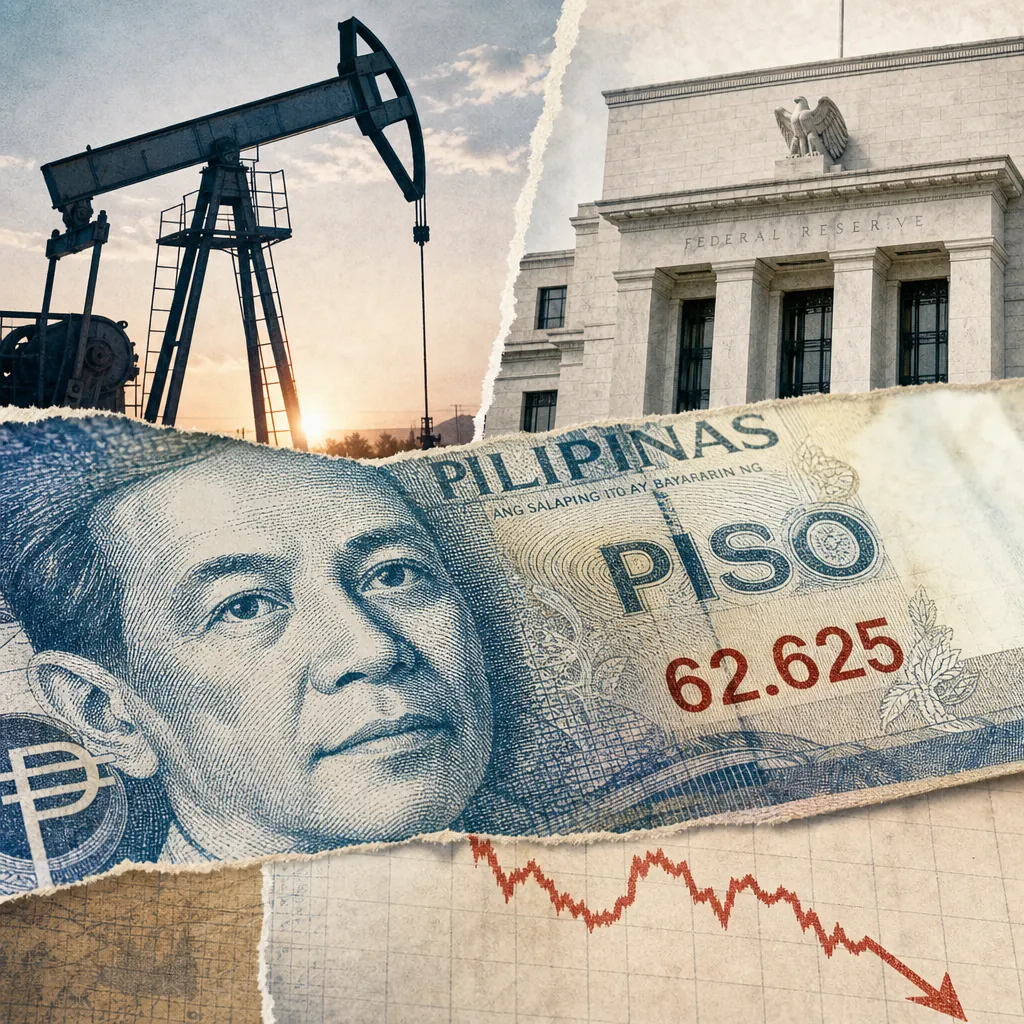A collage shows a Philippine peso bill, an oil pump, the US Federal Reserve, and a falling stock chart, illustrating the Philippine peso hit a record low. (143 characters)