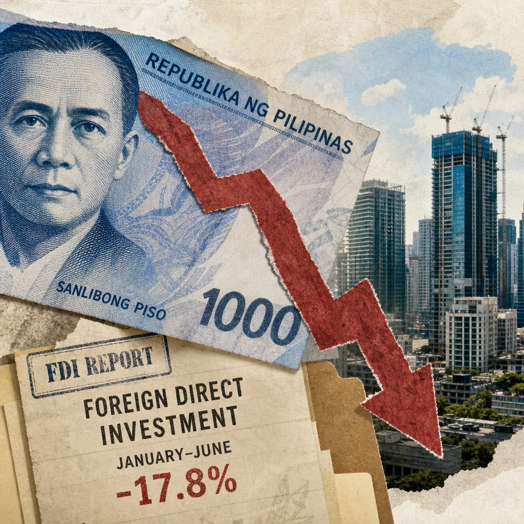 A Philippine 1000 peso bill, a downward red arrow, city buildings, and a report showing a 17.8% drop in FDI, reflecting the peso’s decline. (143 characters)