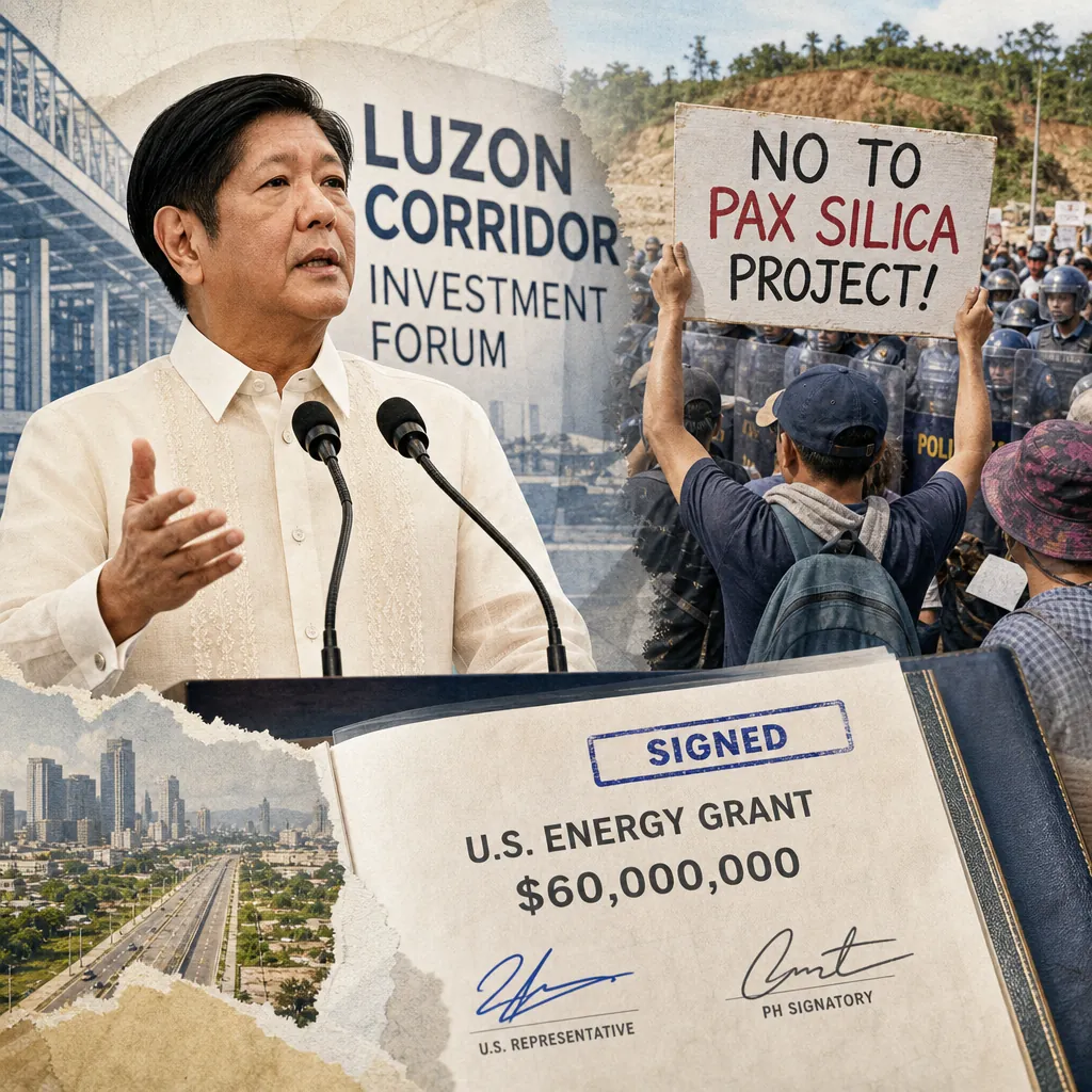 President Marcos pitches the Luzon Economic Corridor to global investors as protesters rally and a U.S. energy grant agreement is shown. 143 characters