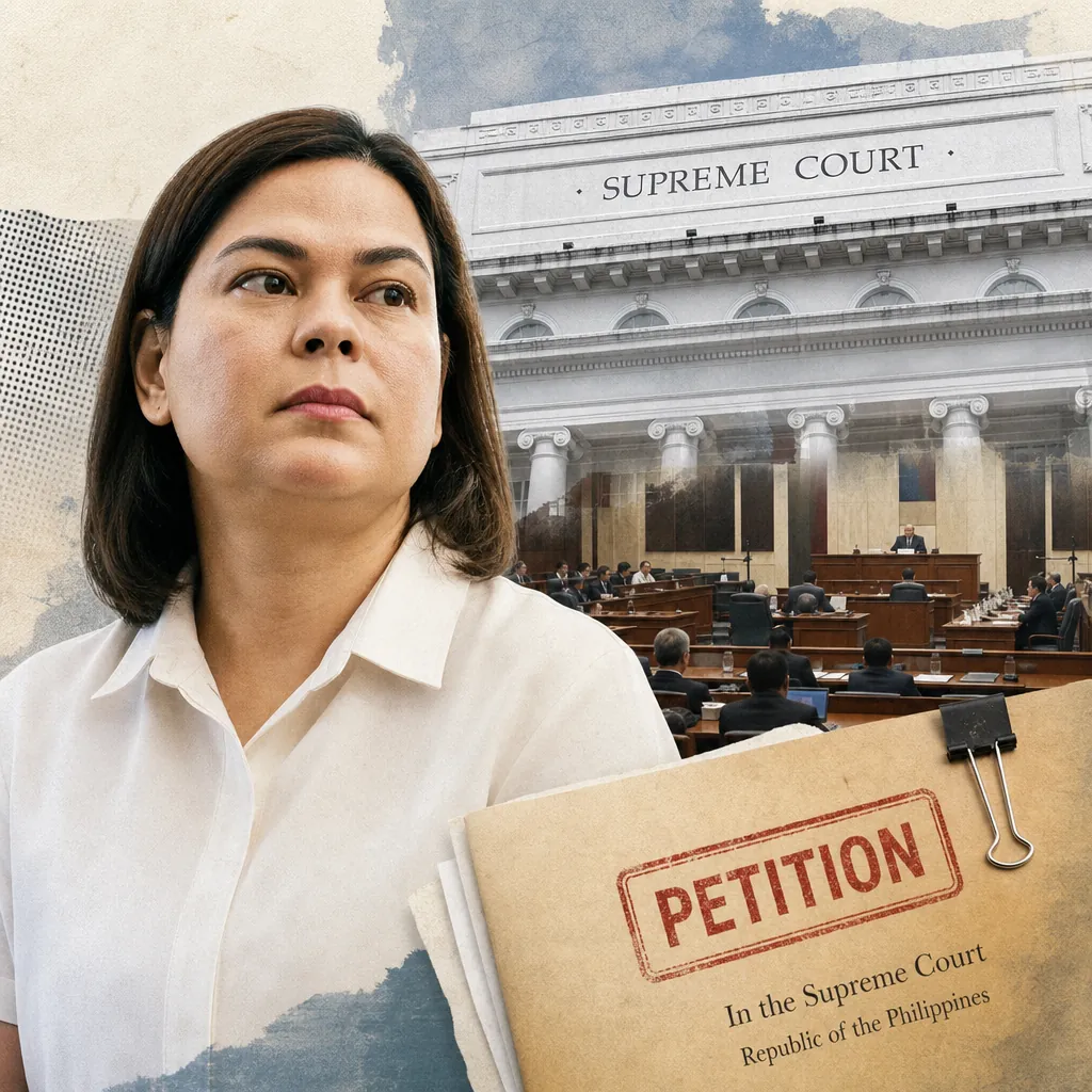 A woman stands in front of the Supreme Court building with a petition folder, illustrating Sara Duterte petitions Supreme Court to halt grave-threat cases. (143 characters)