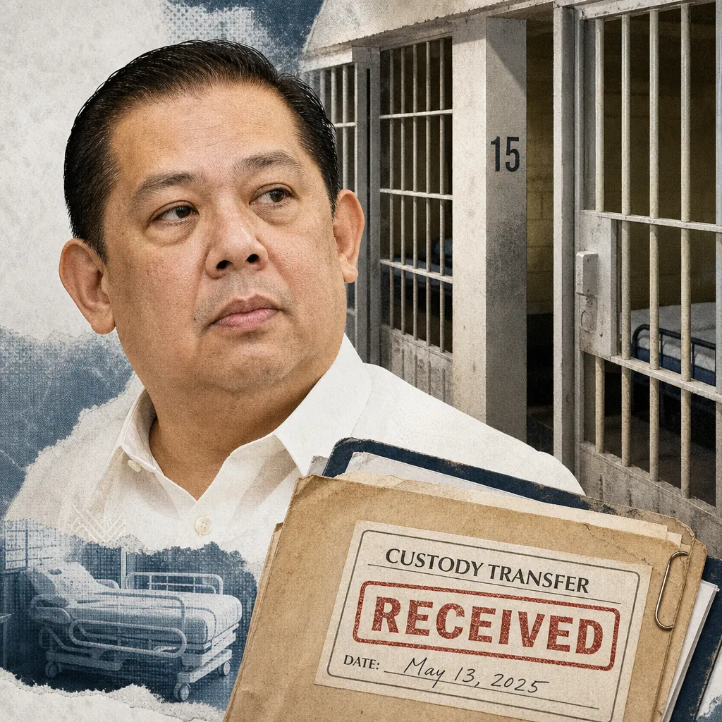 A man stands in front of jail cells, holding a folder labeled custody transfer, reflecting public reactions to Romualdez’s custody. (137 characters)
