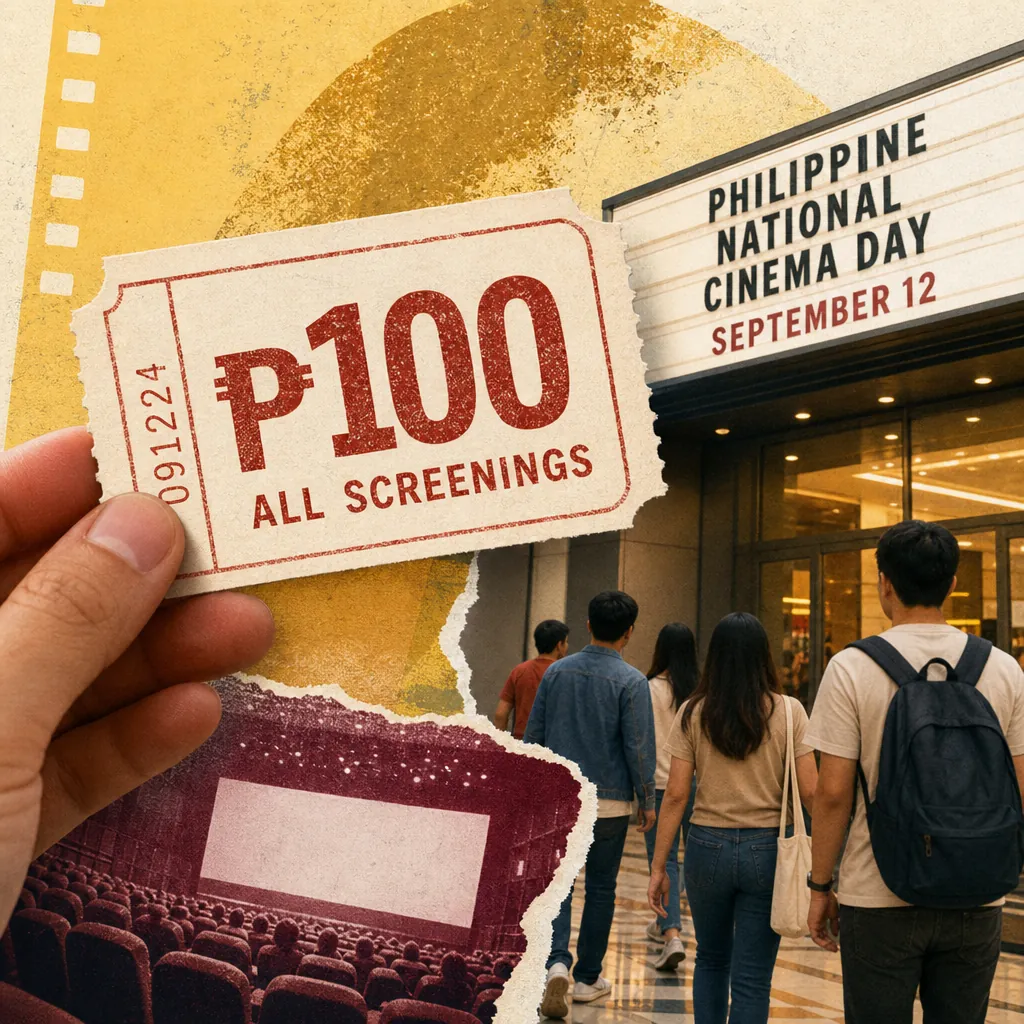 A hand holds a ₱100 cinema ticket as people enter a theater for Philippine National Cinema Day, which offers ₱100 tickets nationwide. (143 characters)