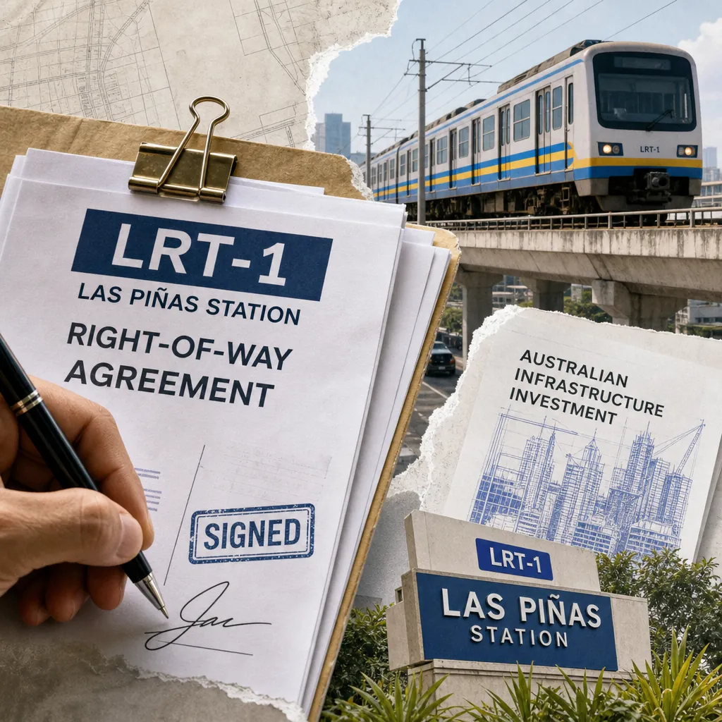 A collage shows LRT-1 Las Piñas land deal documents, a train, Las Piñas station sign, and Australian investment talks from the report’s coverage. 143 characters