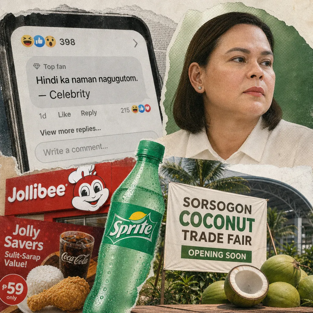 Collage shows a politician, a Jollibee meal, Sprite bottle, Sorsogon coconut trade fair, and a phone with a comment, reflecting political use of food prices. (145 characters)